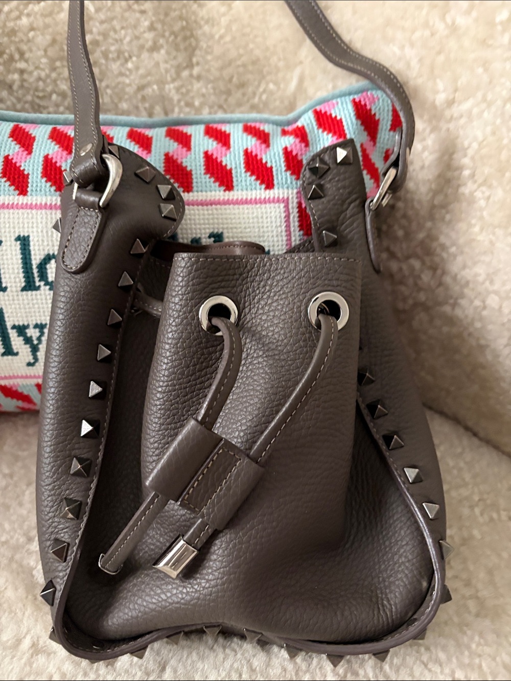 Stud-Trim gray Leather Drawstring Shoulder Bag